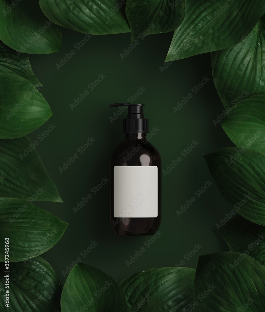 Minimal cosmetic background for product presentation. Hosta leaf frame on green background. 3d rende