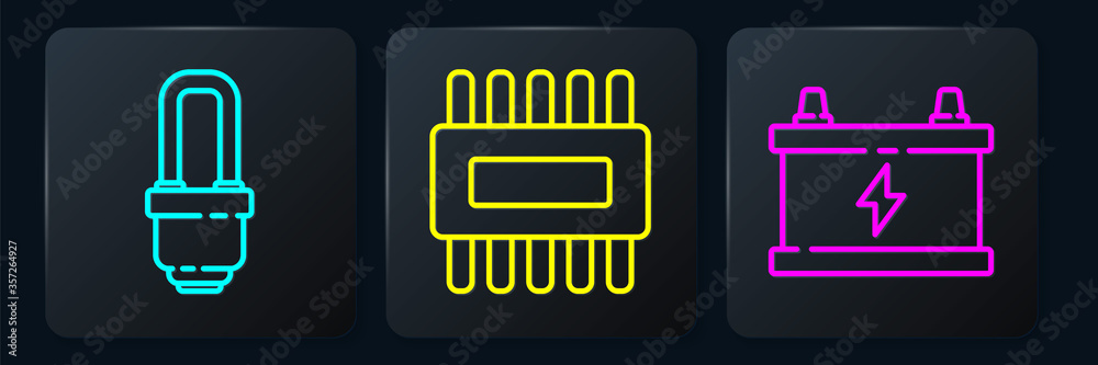 设置线路LED灯泡、汽车电池和带微型电路CPU的处理器。黑色方形按钮。Vect