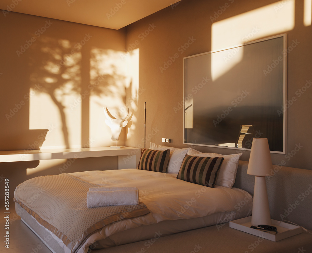 Reflection of trees on wall in modern bedroom