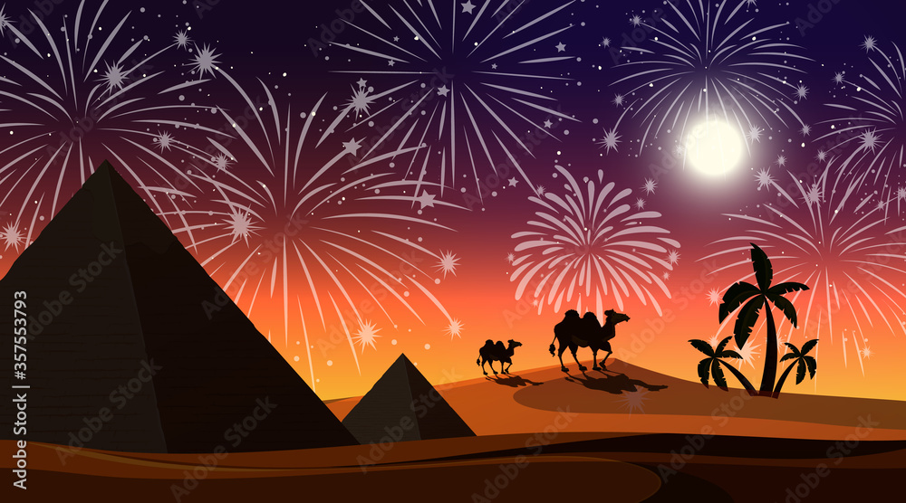 Desert with celebration fireworks scene