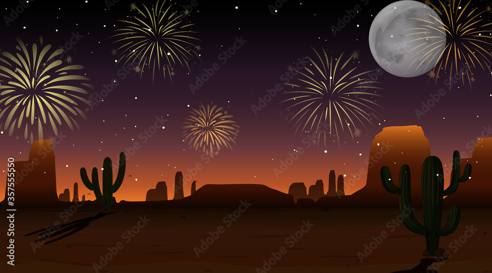 Celebration fireworks on sky desert scene