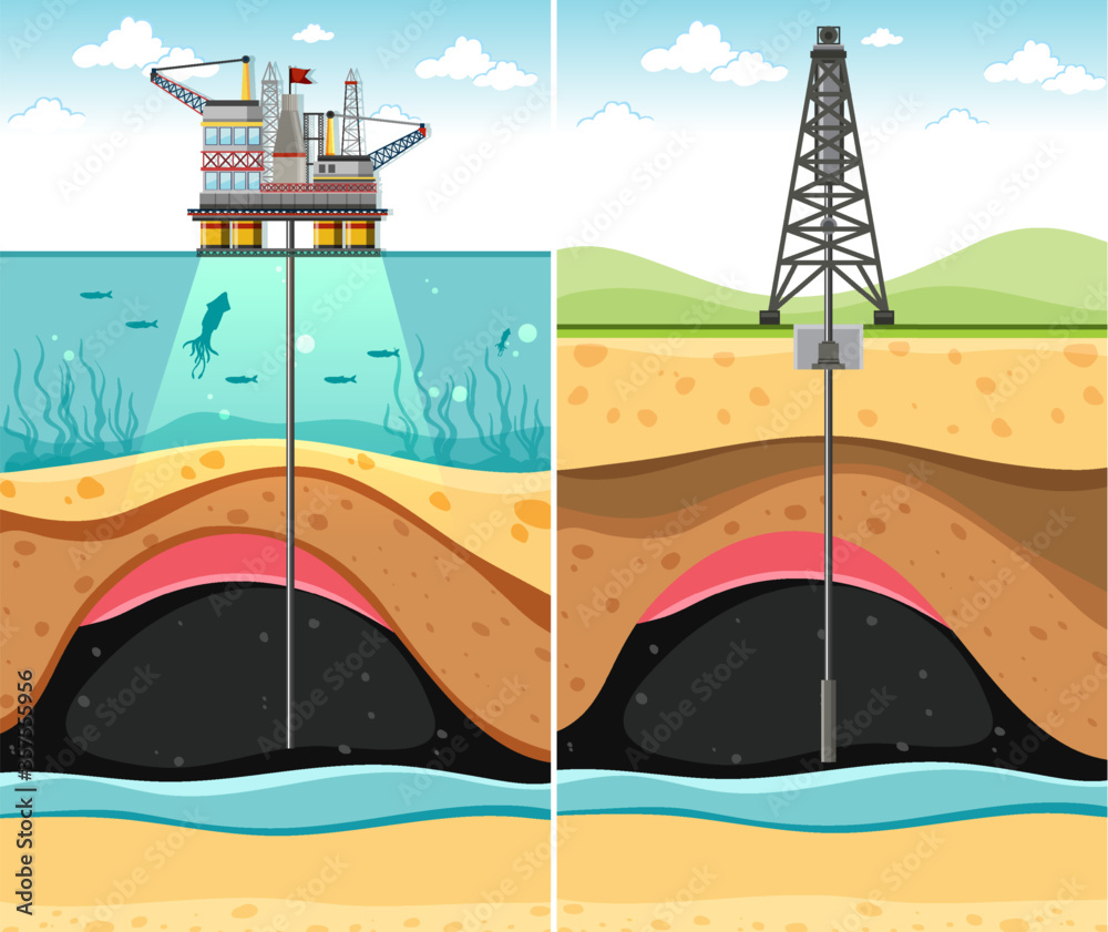 通过陆地和海洋钻井开采地下石油