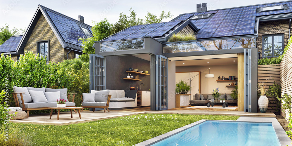 带露台和太阳能电池板的现代住宅