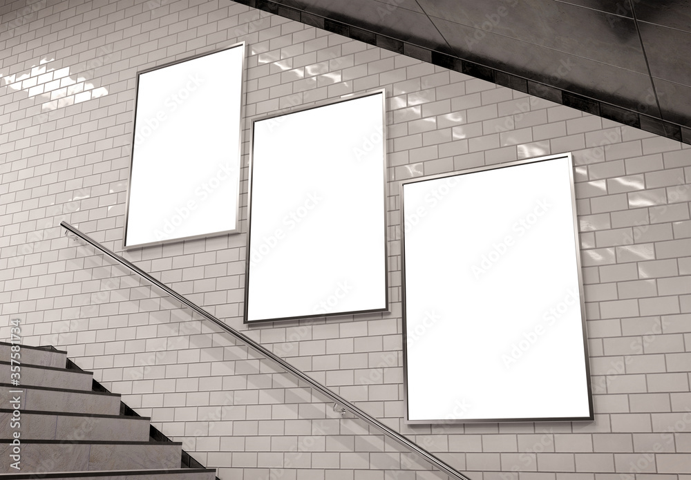 Three vertical billboards on underground stairs wall Mockup. Triptych hoardings advertising in white
