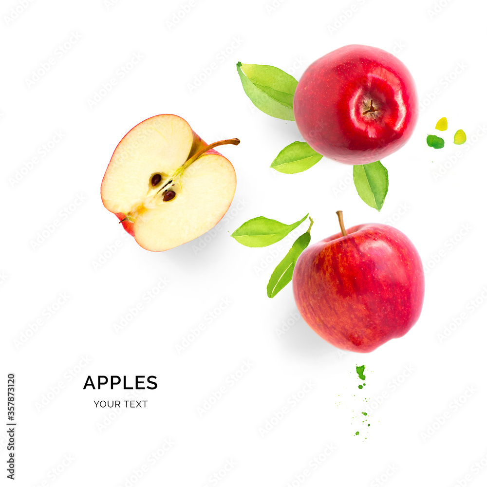 在水彩背景上用苹果制作的创意布局。平面布置。食物概念。