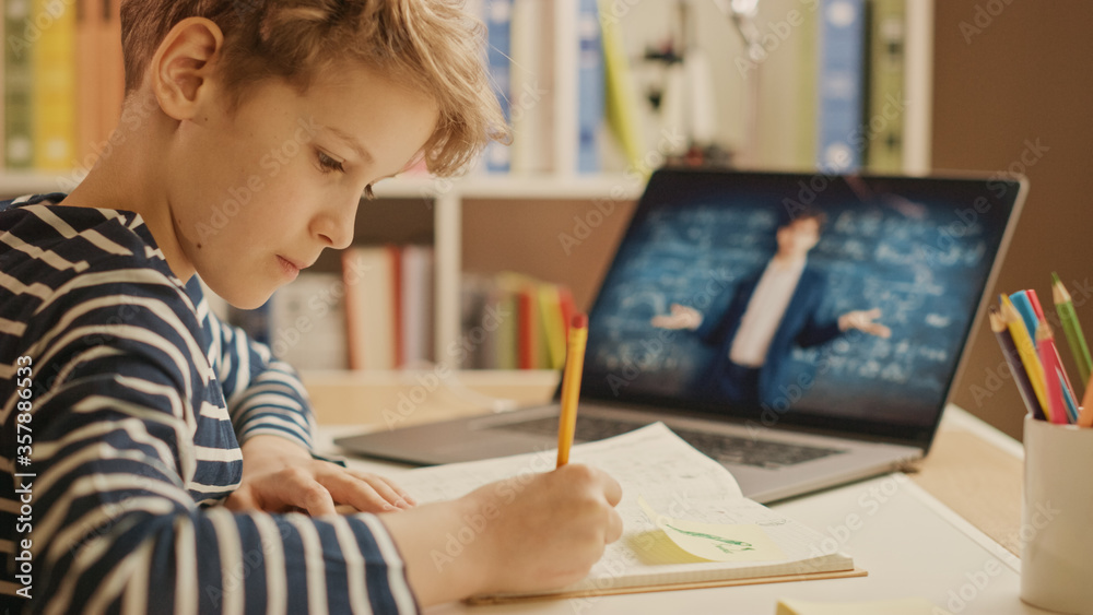 聪明的小男孩用笔记本电脑与老师视频通话。屏幕显示在线讲座和教学