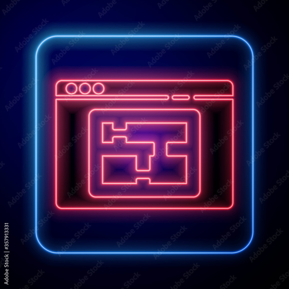 Glowing neon House plan icon isolated on blue background. Vector Illustration
