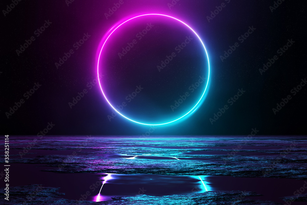 抽象背景，蓝色和粉色霓虹灯圆圈在水中反射3D渲染
