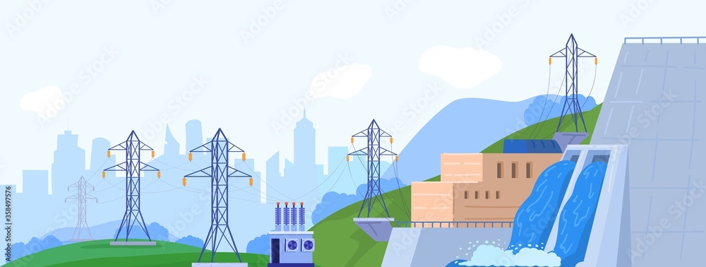 水电站发电机矢量插图。发电水力的卡通平面景观