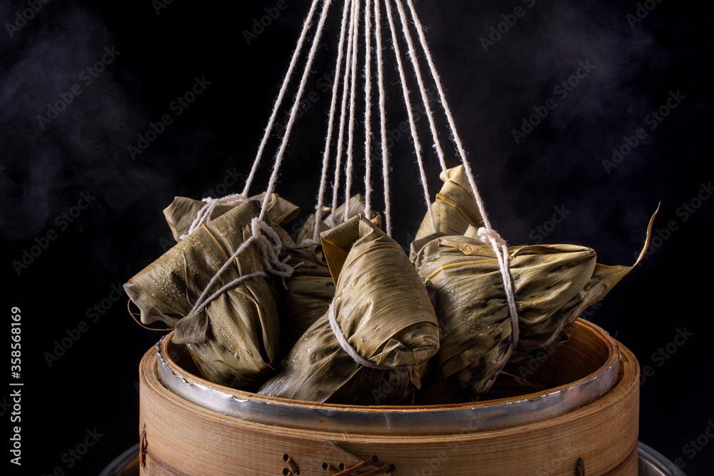 Rice dumpling, zongzi - Dragon Boat Festival, Bunch of Chinese traditional cooked food in steamer on
