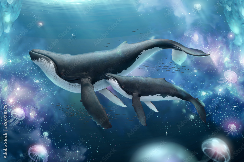 鲸鱼在超现实的海洋中游泳