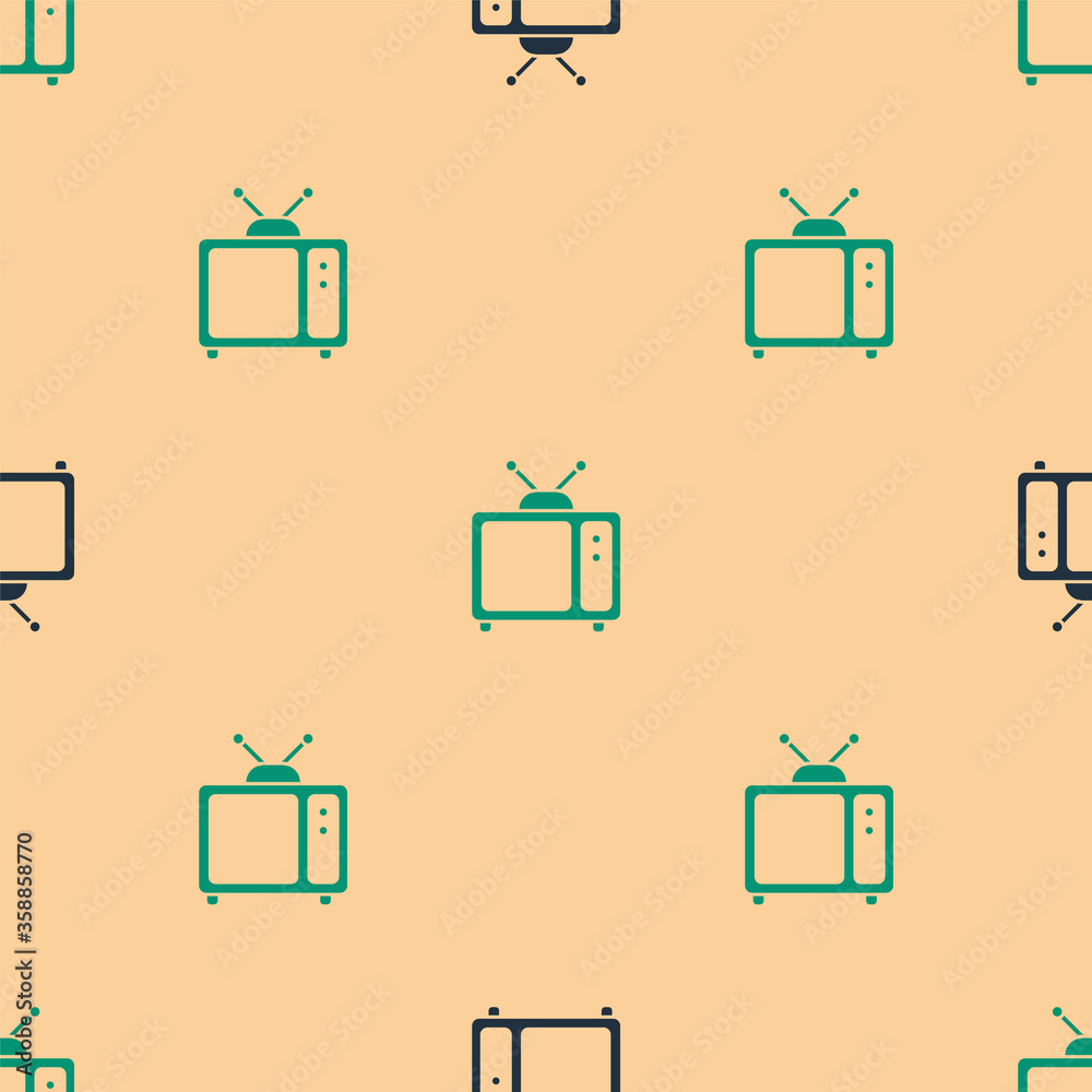 米色背景上的绿色和黑色复古电视图标隔离无缝图案。电视标志。Vecto