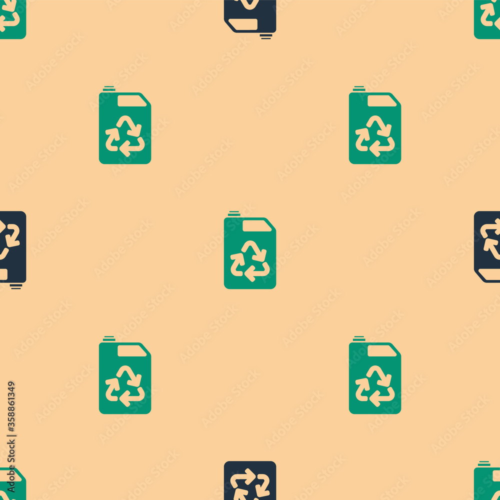 米色背景上的绿色和黑色环保燃料罐图标隔离无缝图案。环保生物和ba