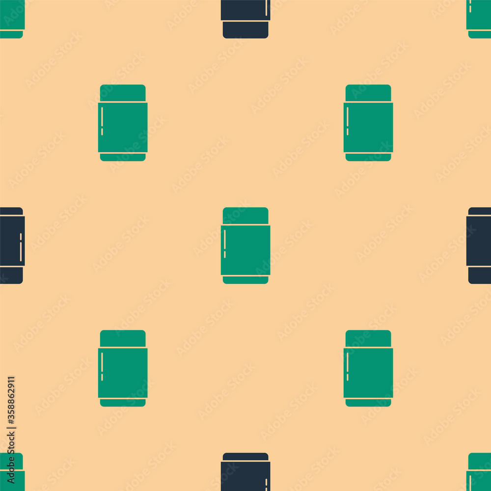 米色背景上的绿色和黑色橡皮擦或橡胶图标隔离无缝图案。Vector Illustr
