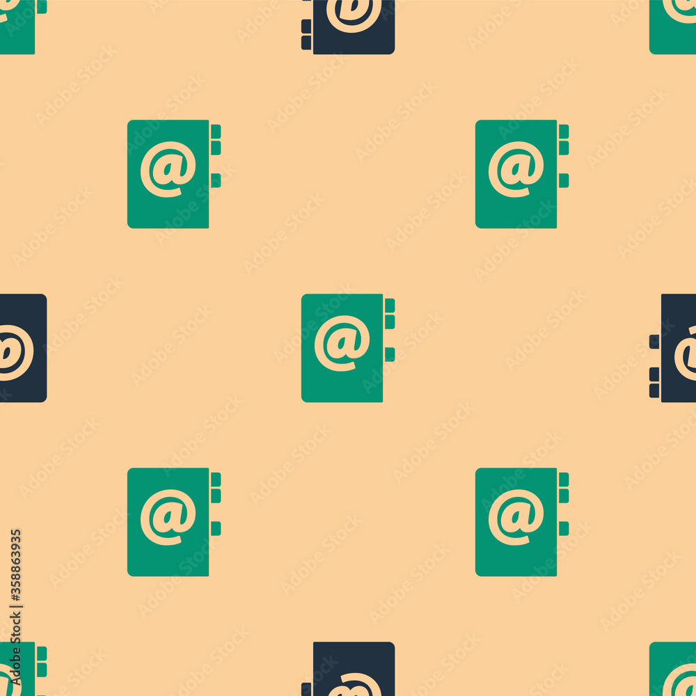 Green and black Address book icon isolated seamless pattern on beige background. Notebook, address, 