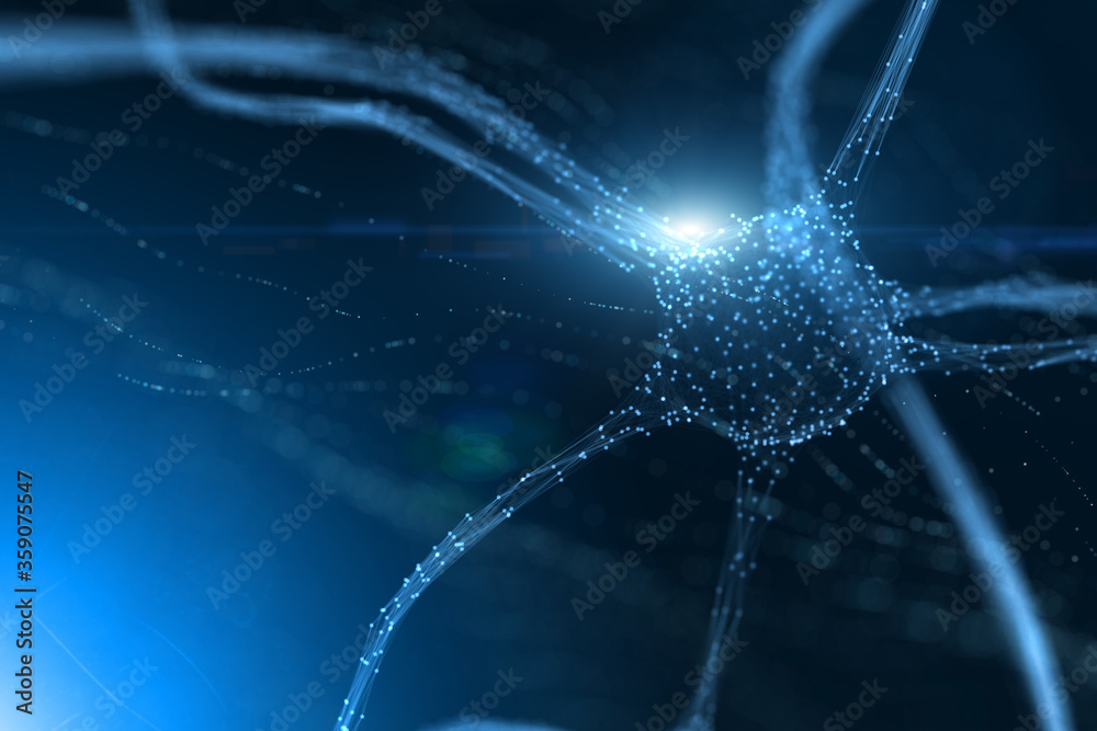 抽象的蓝色发光神经元细胞，在艺术背景下，带有闪光。Sele