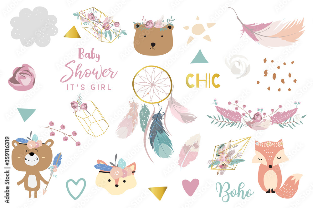 Doodle boho set with bear,feather,dreamcatcher,flower. illustration for logo,sticker,postcard,birthd