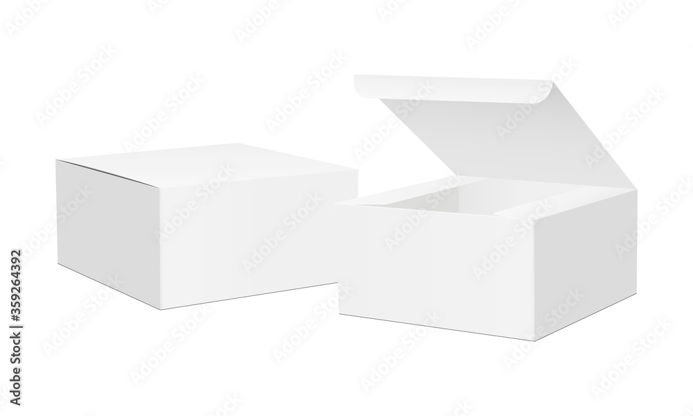 Two square packaging boxes with opened and closed lid mockup, isolated on white background. Vector i