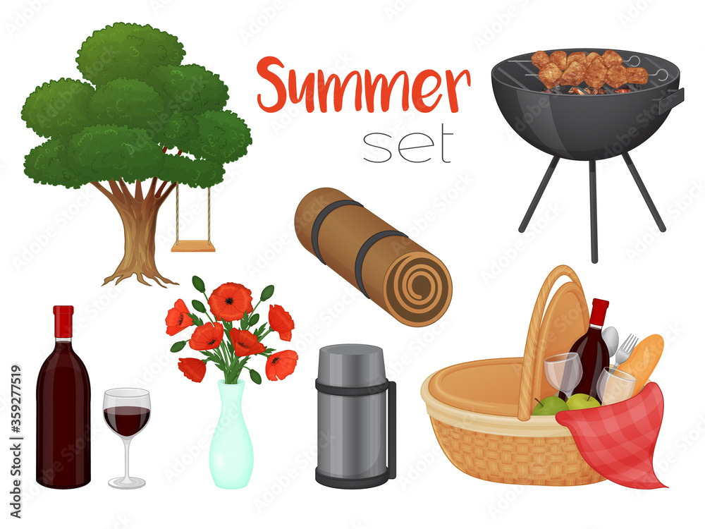 白色背景上的野餐配件集。篮子、烧烤、鲜花、树。独立的ob