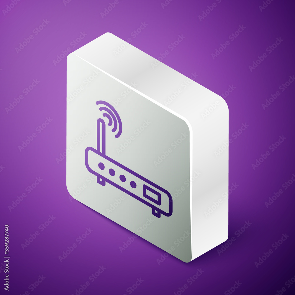 隔离在紫色背景上的等距线路路由器和wi-fi信号图标。无线以太网调制解调器r
