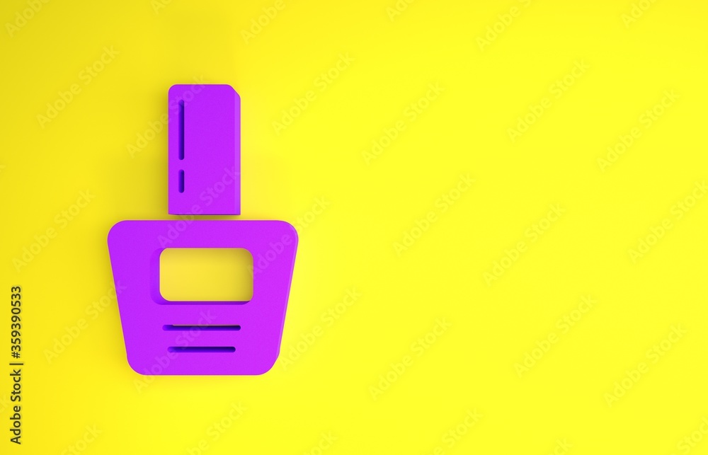 黄色背景上的紫色指甲油瓶图标。极简主义概念。3d插图