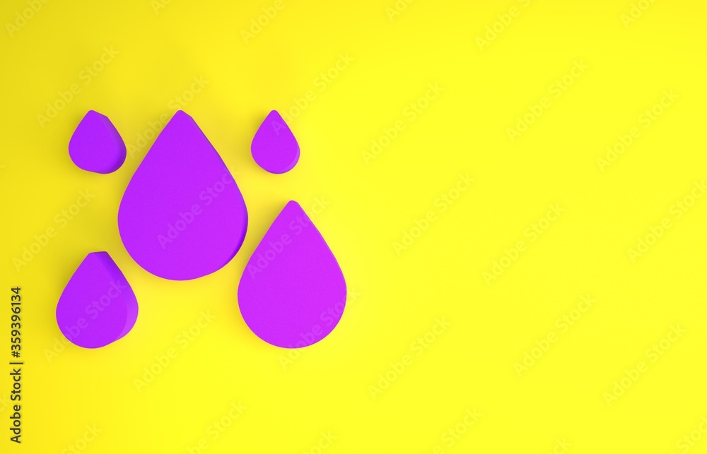 黄色背景上隔离的紫色水滴图标。极简主义概念。3d插图3d渲染。