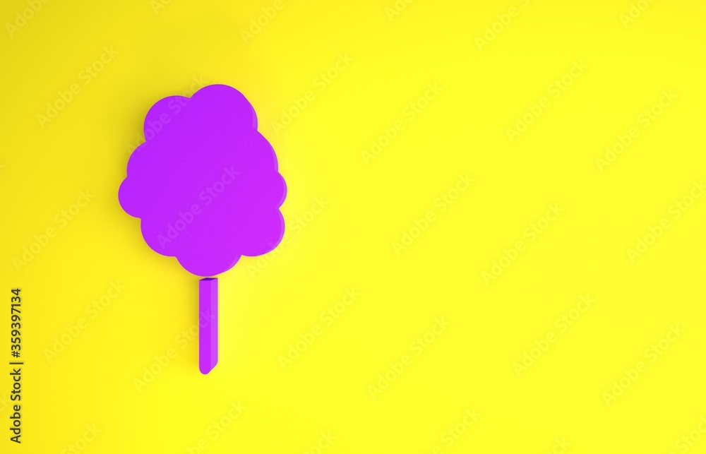 黄色背景上的紫色棉花糖图标。极简主义概念。3d插图3d rende