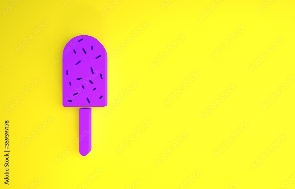 黄色背景上的紫色冰淇淋图标。甜蜜的象征。极简主义概念。3d插图