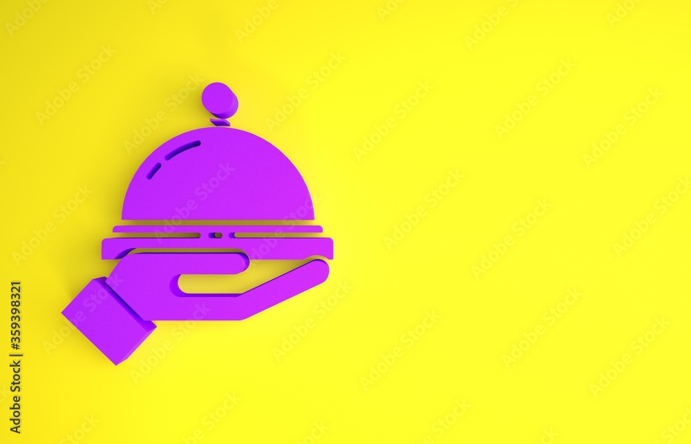 紫色覆盖着一盘黄色背景上隔离的食物图标。托盘和盖子标志。餐厅