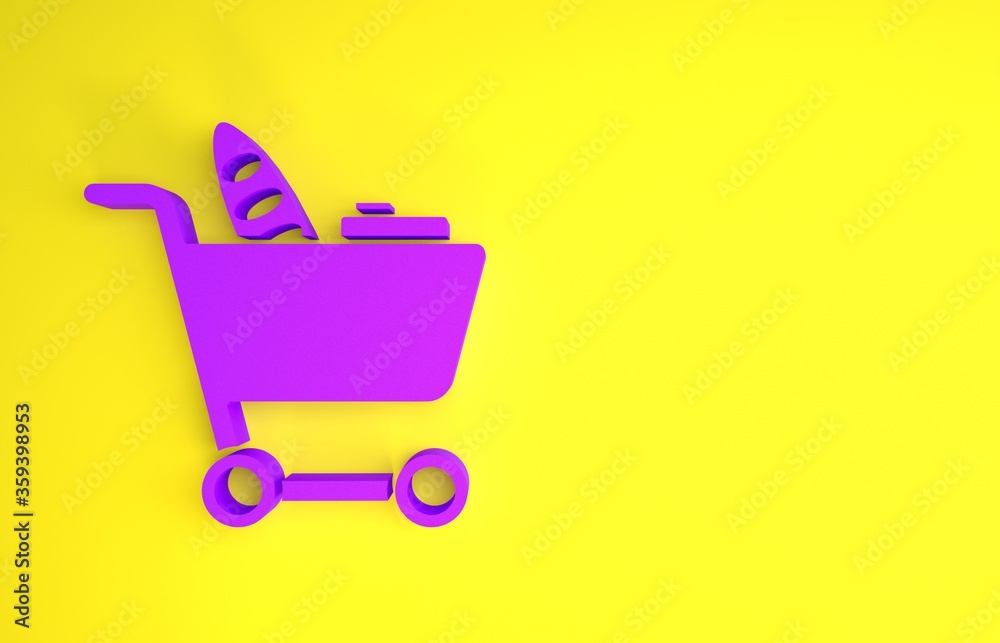 黄色背景上隔离的紫色购物车和食品图标。食品店，超市。Minimalis