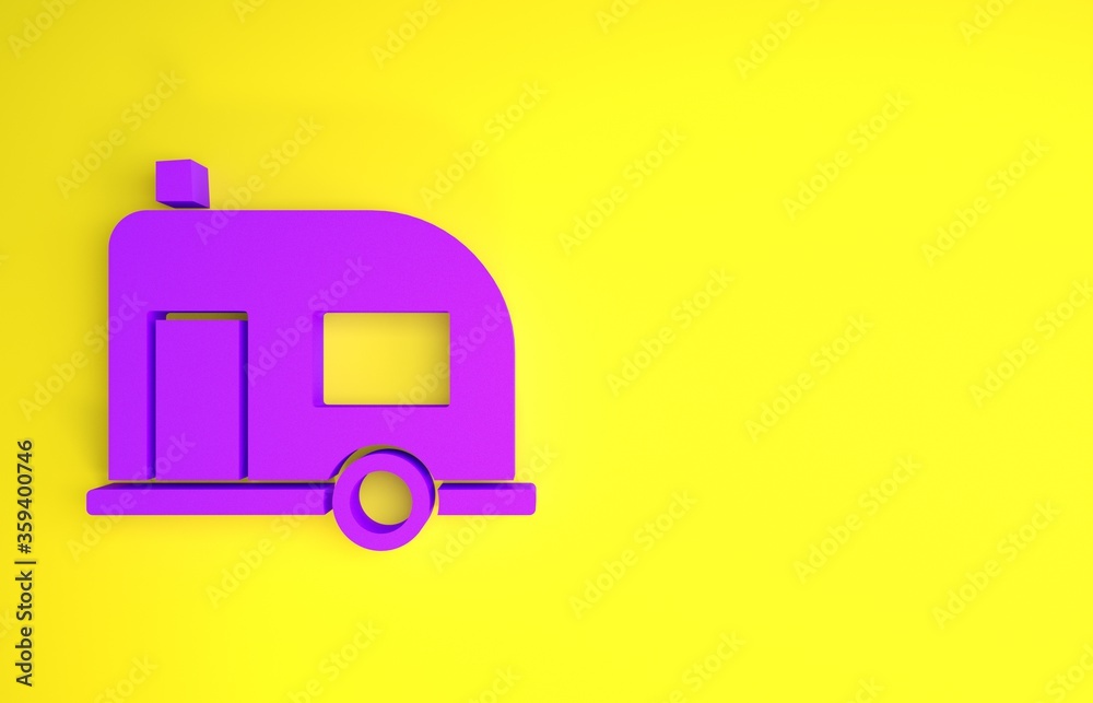 黄色背景上隔离的紫色房车露营拖车图标。旅行移动房屋、房车、家庭营地