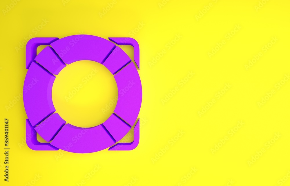 黄色背景上隔离的紫色救生圈图标。救生带符号。极简主义概念。3d插图