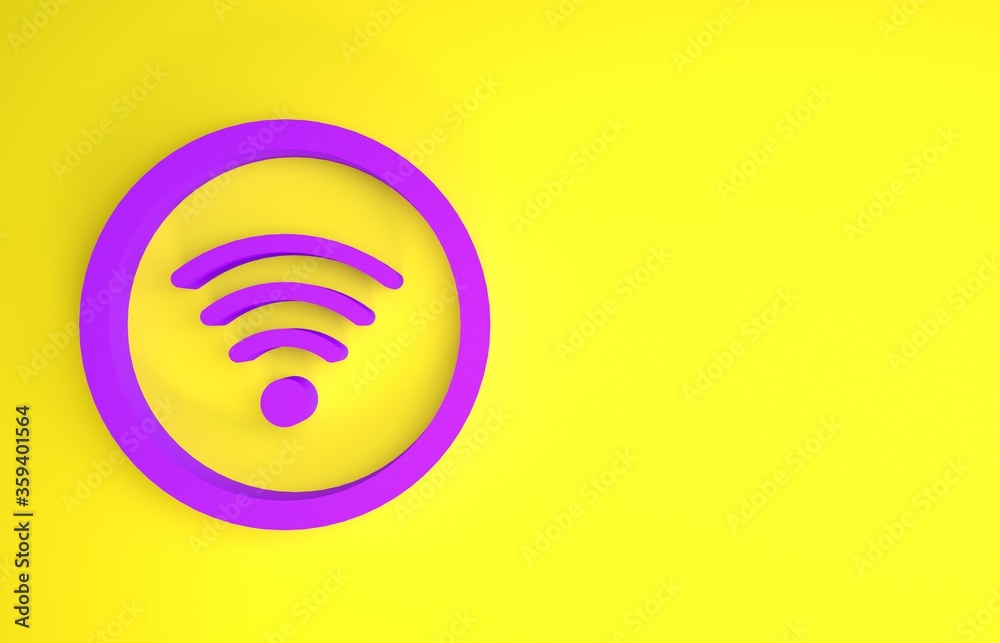 黄色背景上隔离的紫色Wi-Fi无线互联网符号图标。极简主义概念