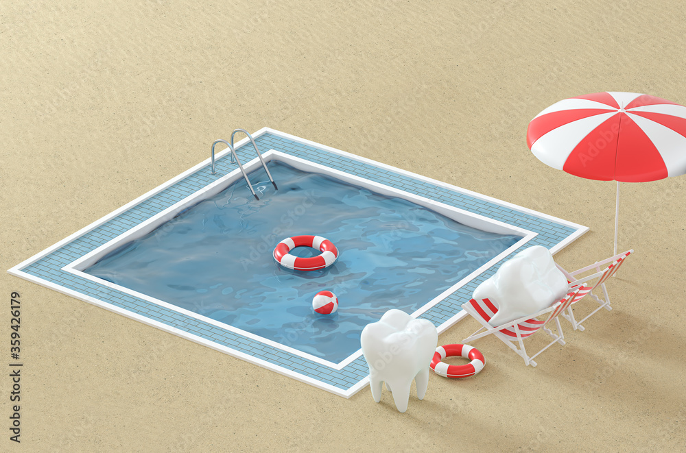 度假时的卡通牙齿，旁边是游泳池，三维渲染。