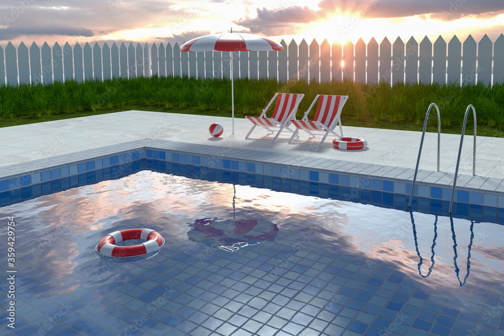 阳光明媚的日子里的游泳池，3d渲染。