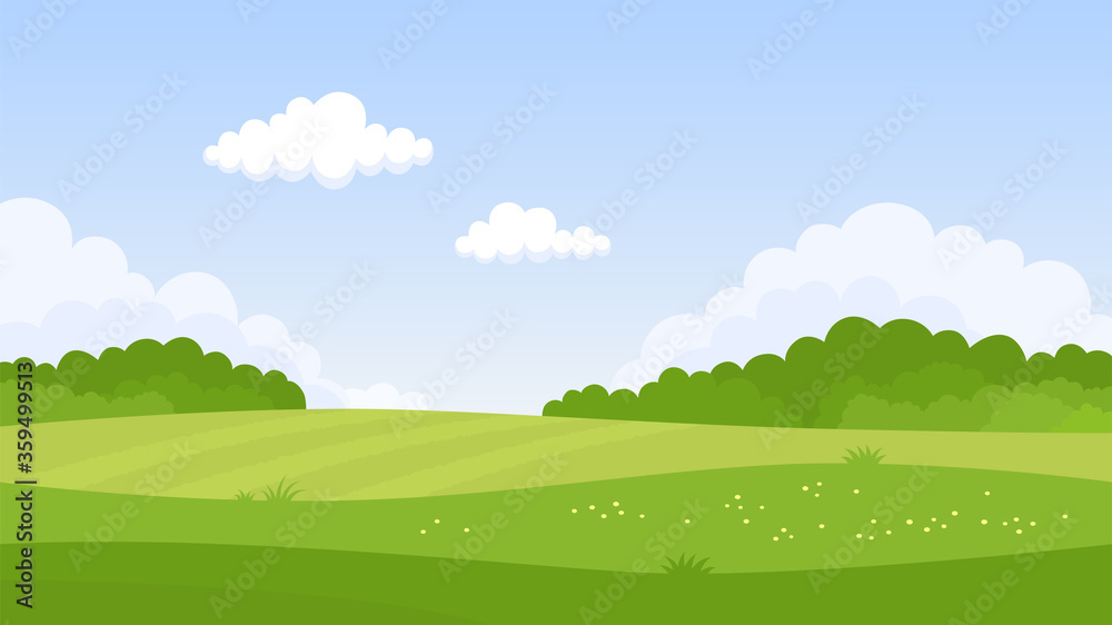 夏季绿色景观。田野、草地、花朵、森林和云朵。矢量插图