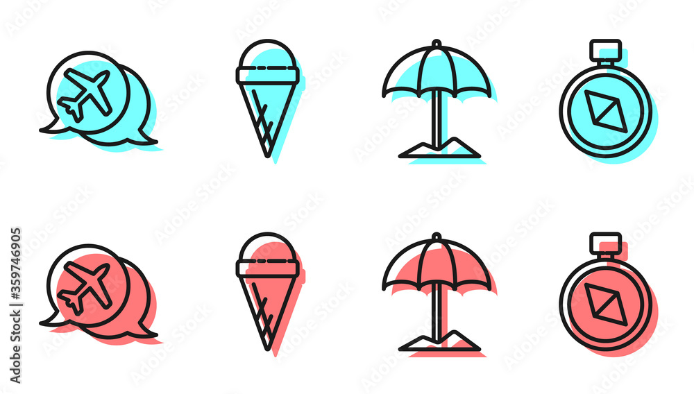为海滩设置遮阳伞，与飞机一起使用语音气泡，华夫饼冰淇淋