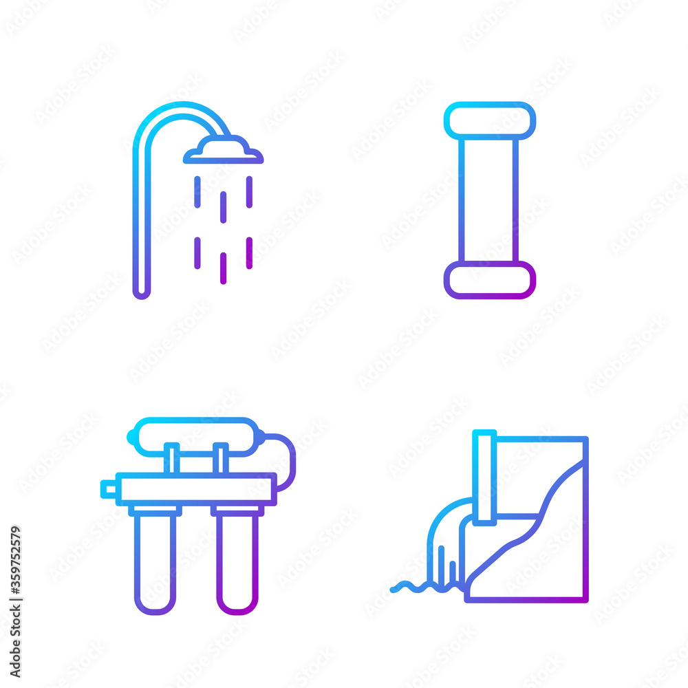 设置废水、滤水器、淋浴和工业金属管。渐变色图标。矢量。