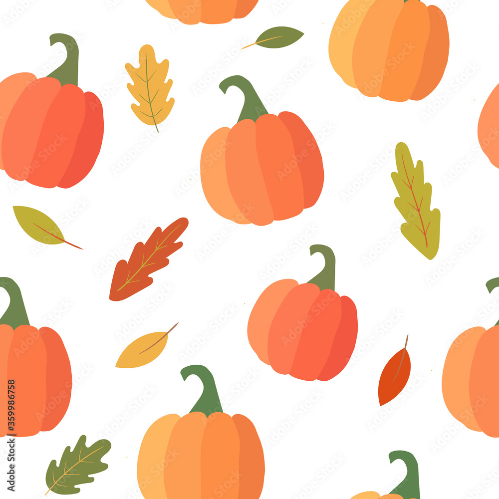 Seamless pattern with pumpkin and oak leaves. Autumn vector pattern. For textiles, wrapping paper, f
