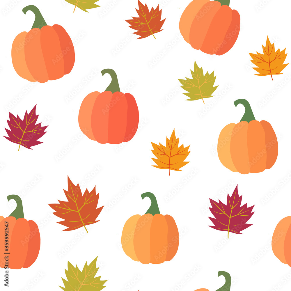 南瓜和枫叶的无缝图案。秋季矢量图案。用于纺织品、包装纸。