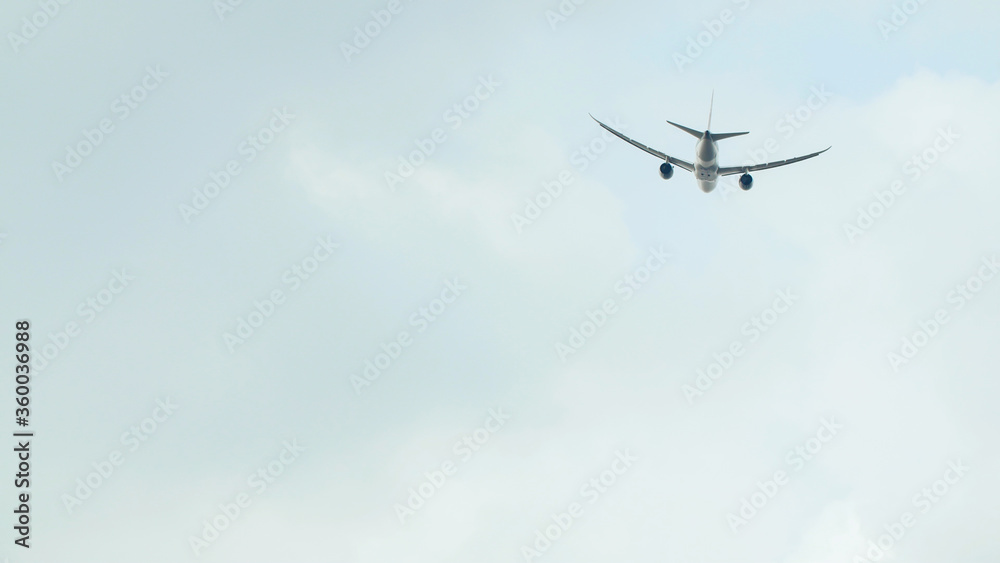 客机在蓝天白云的映衬下起飞