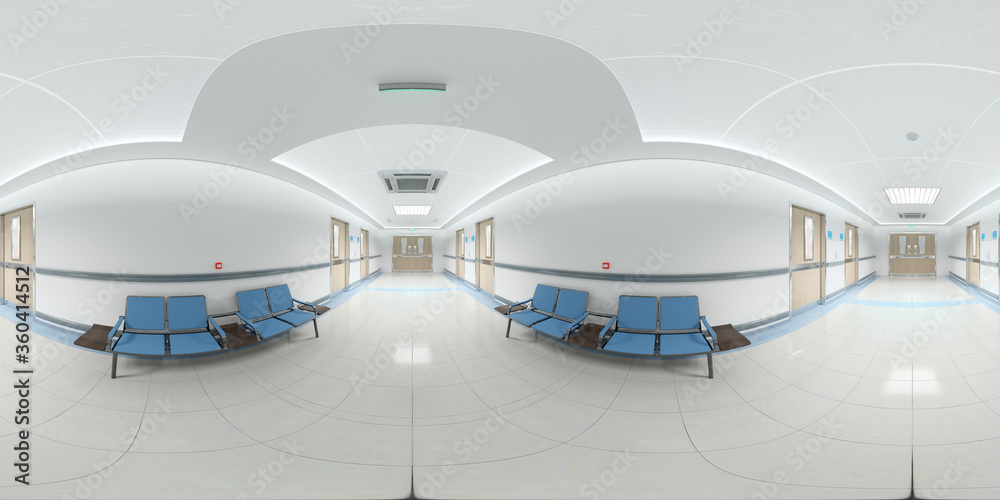 医院走廊的高分辨率HDRI全景图。360全景反射映射走廊