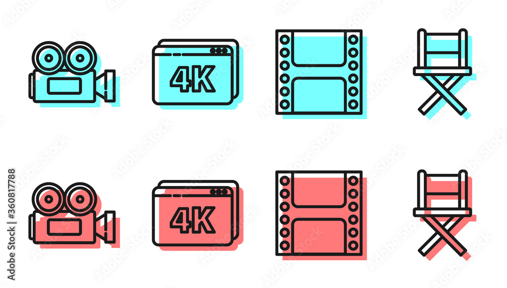 设置线播放视频，影院摄像机，在线播放视频，带4k和导演电影椅图标。矢量