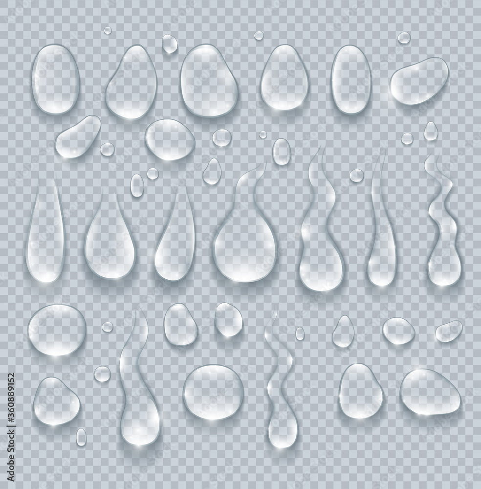 纯净清澈的水滴逼真的孤立集。矢量插图