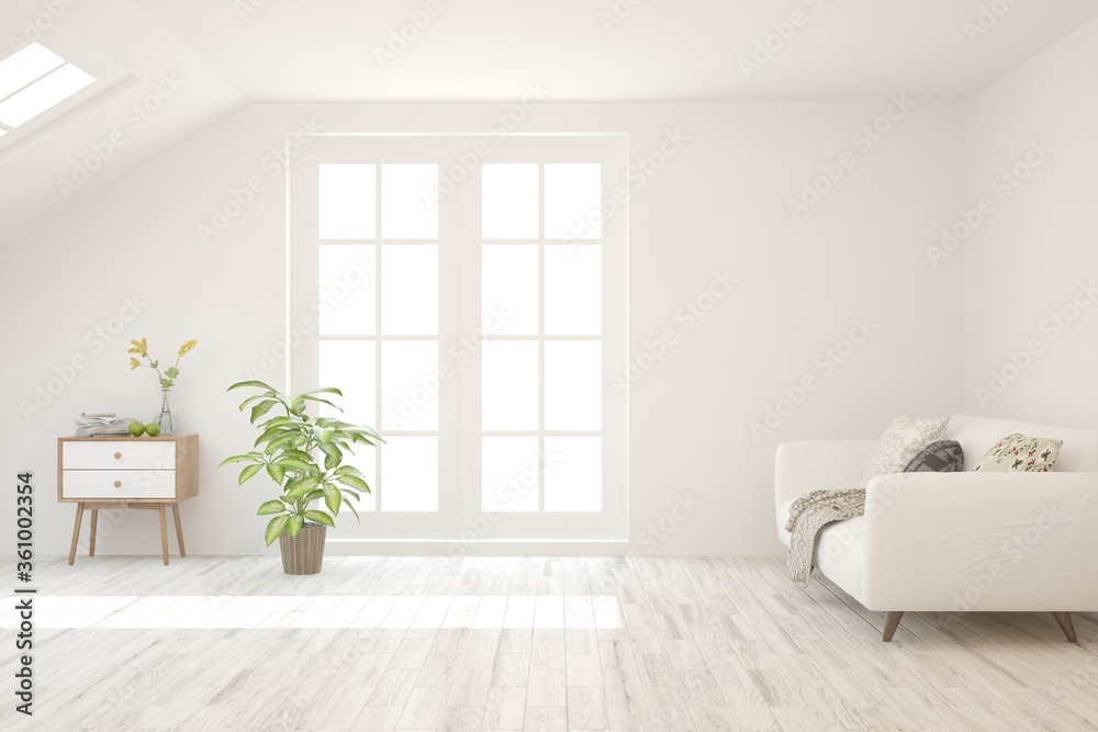 带沙发的白色客厅。斯堪的纳维亚室内设计。3D插图