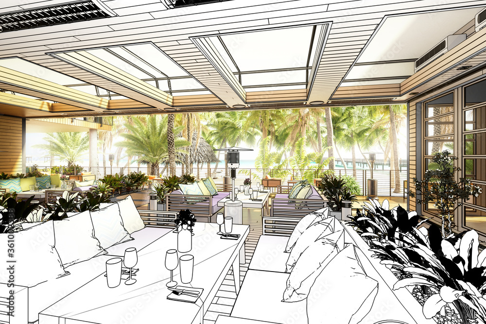 度假区内的露台冷藏和餐厅区域（规划）-三维建筑可视化