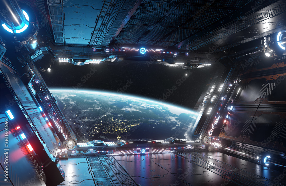 蓝色和红色的未来宇宙飞船内部，地球上的窗户视图三维渲染