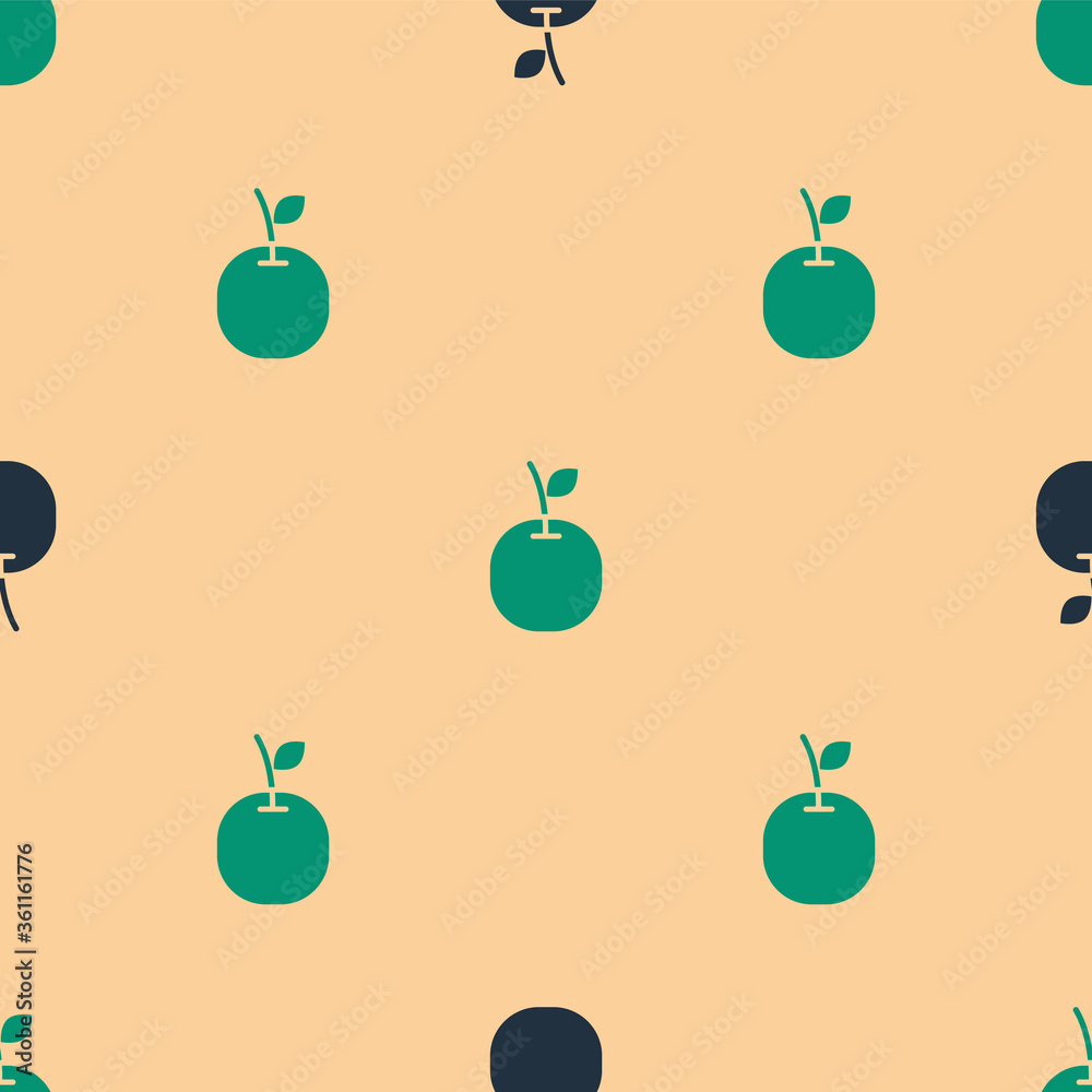 米色背景上的绿色和黑色苹果图标隔离无缝图案。带叶子符号的水果。Ve
