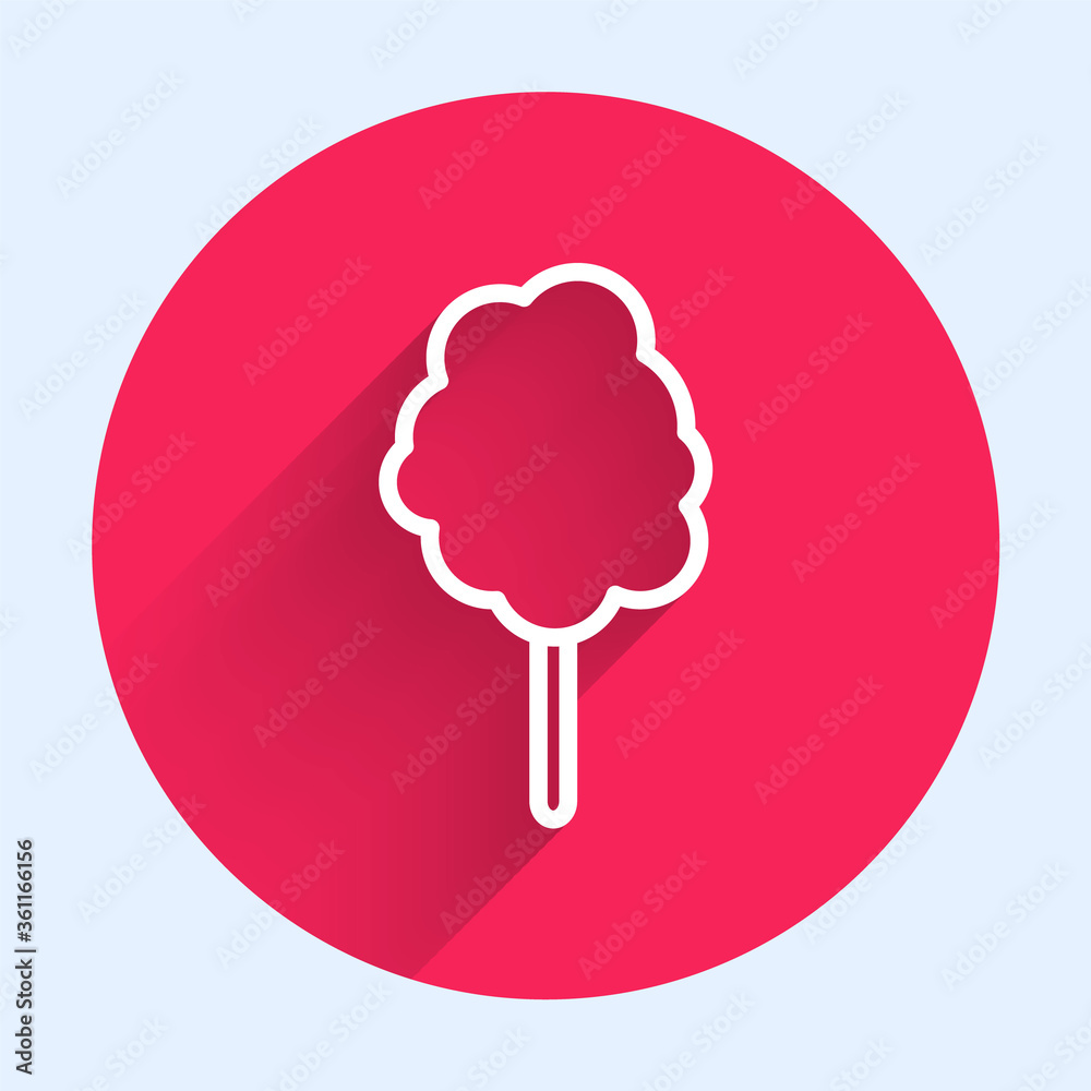 White line Cotton candy icon isolated with long shadow. Red circle button. Vector Illustration.
