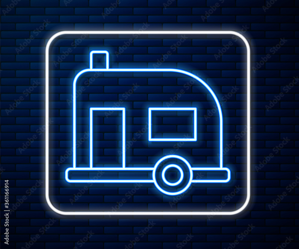 Glowing neon line Rv Camping trailer icon isolated on brick wall background. Travel mobile home, car